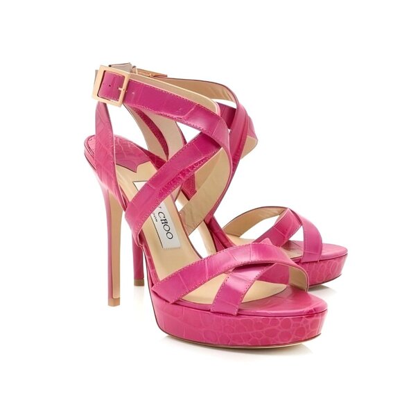 Jimmy Choo Sandals VAMP Hot Pink Croc Multistrap Platform Heels Size 36.5 - Picture 1 of 9